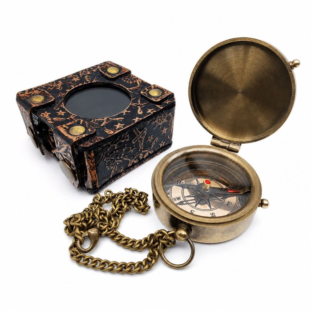 VTG Inspired Brass Tone Metal Compass, Chain & Leather Case Joshua 1:9